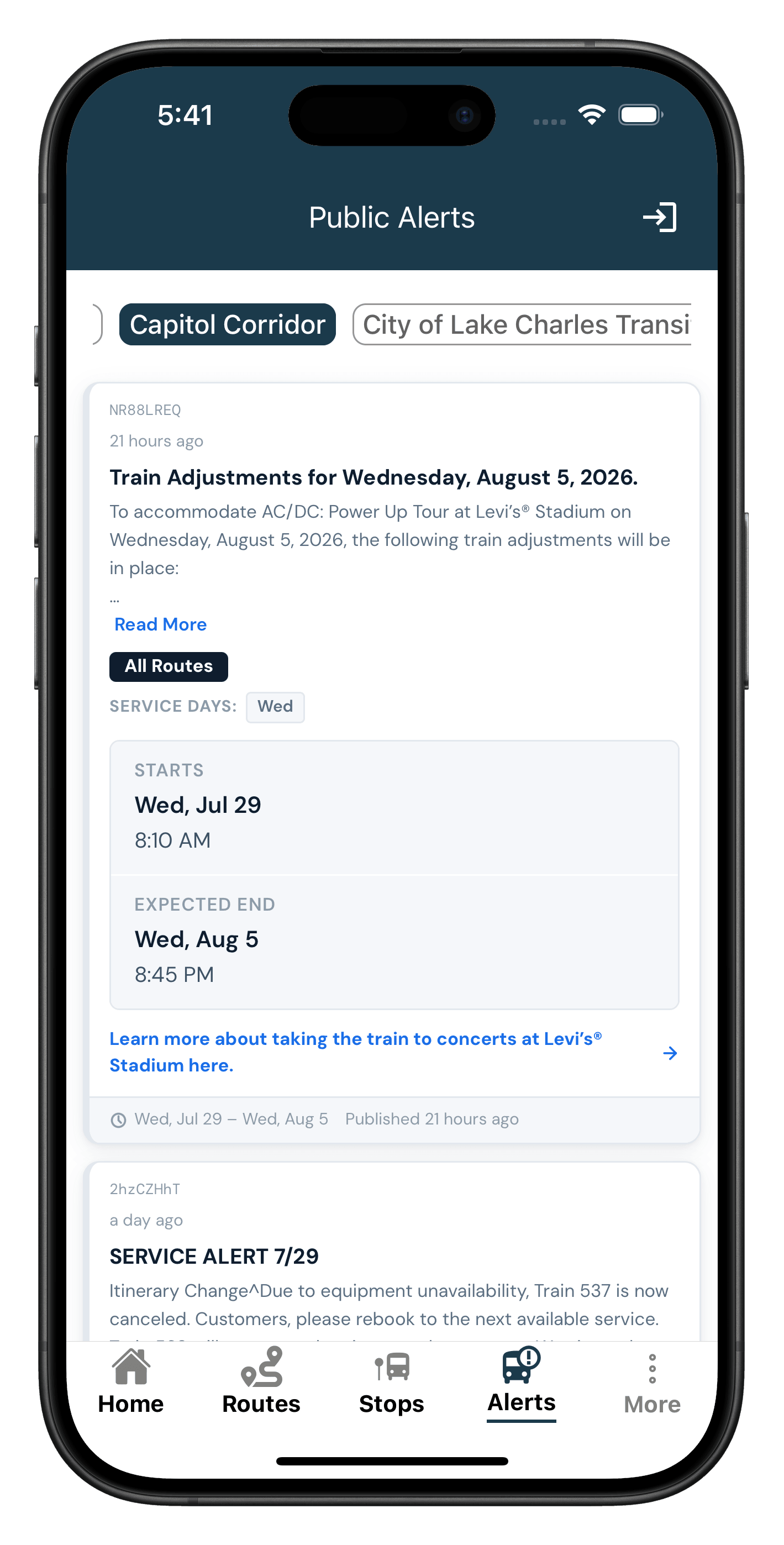 UseTransit app service alert subscriptions for chosen routes