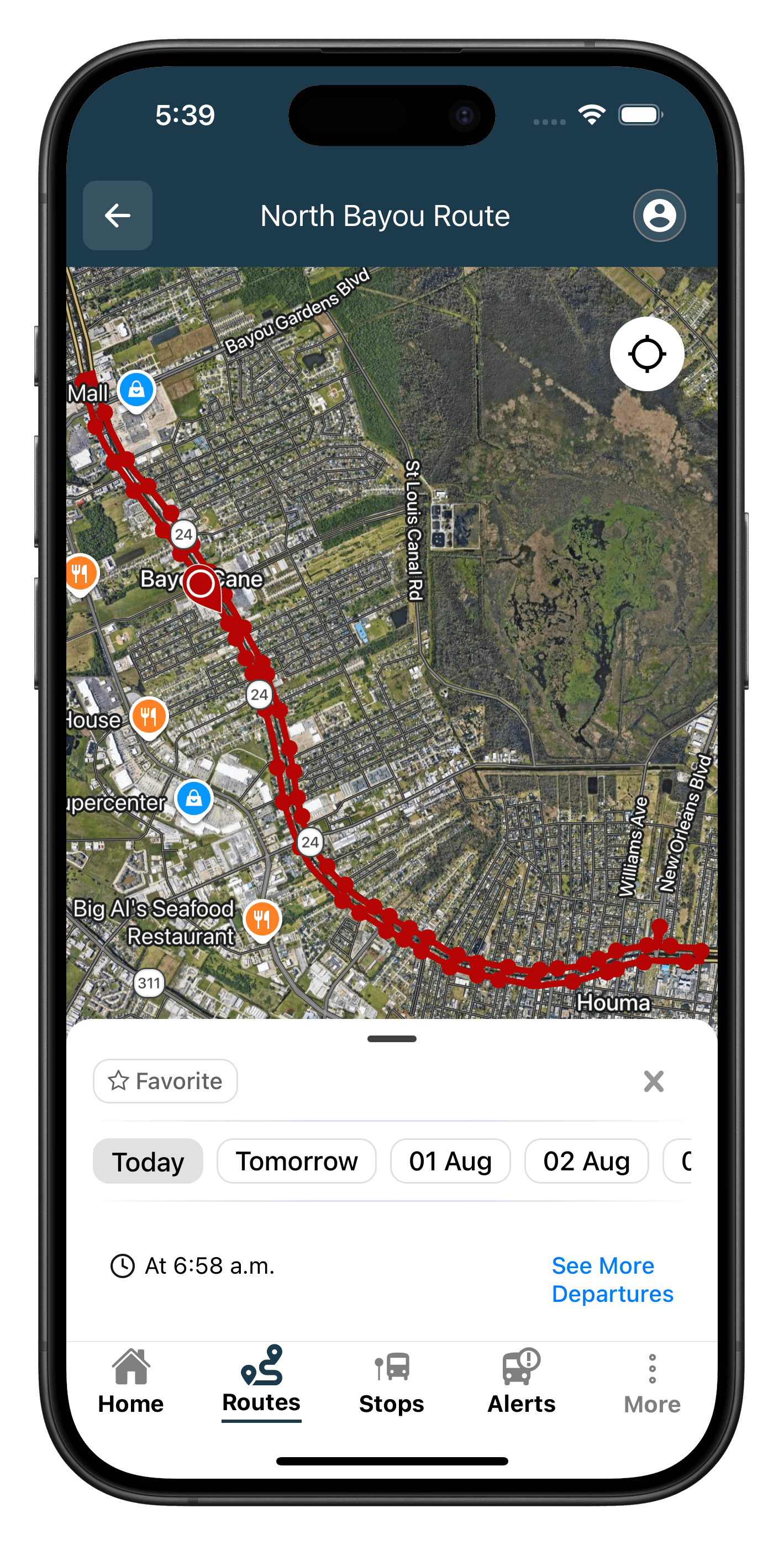 UseTransit app live map with buses moving along their routes