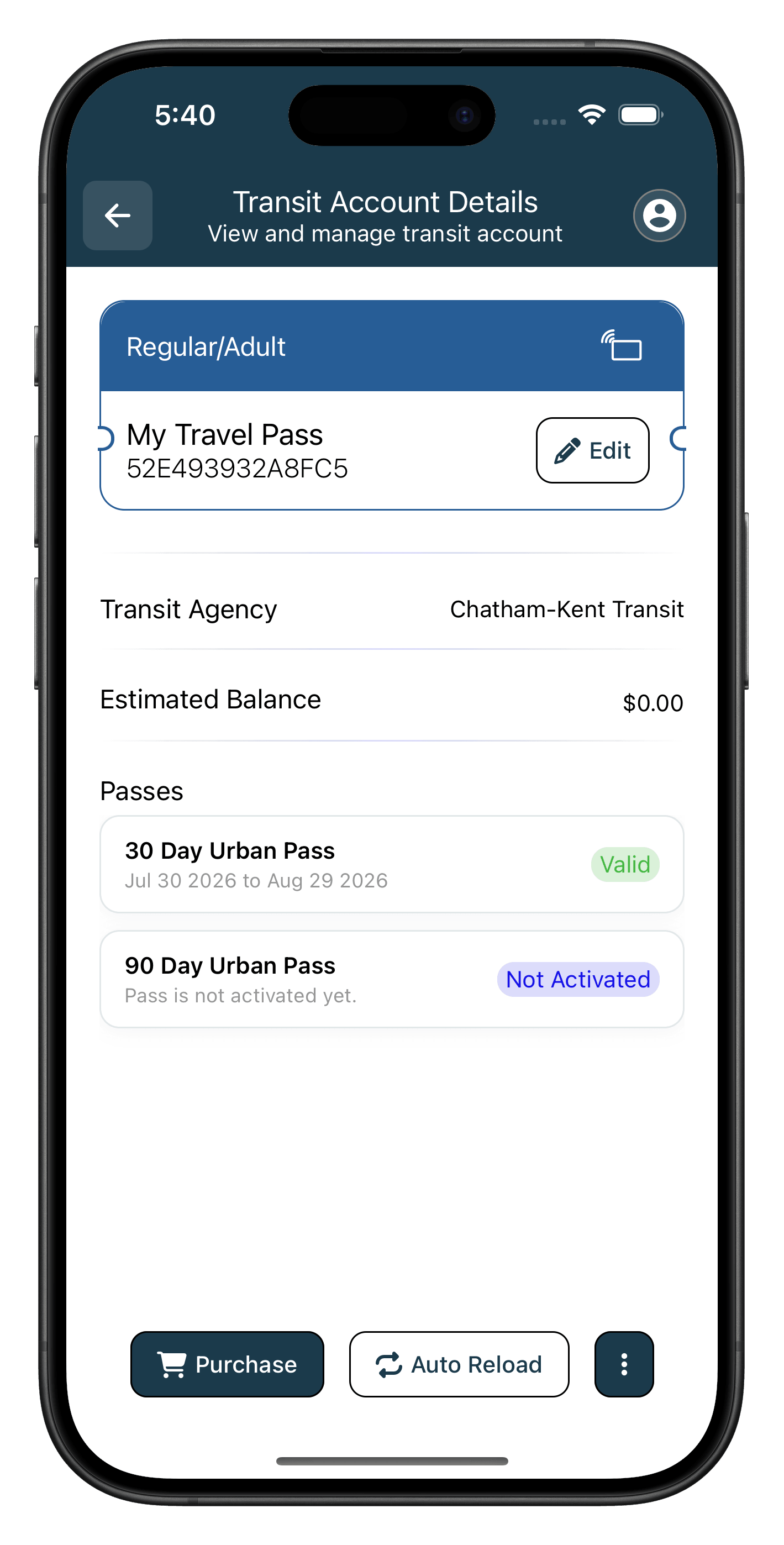 UseTransit app fare wallet showing a card balance and passes